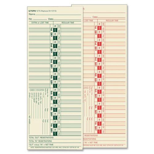 TOPS Time Cards, Bi-Weekly, 2-Sided, Numbered Days, 3-1/2&#034; x 9&#034;, Manila, Print,
