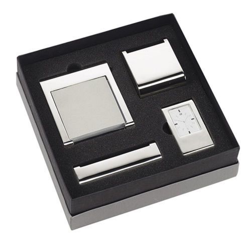 High Polish Metal Desk Gift Set Inludes Clock. Pad, Pen &amp; Business Card Holder