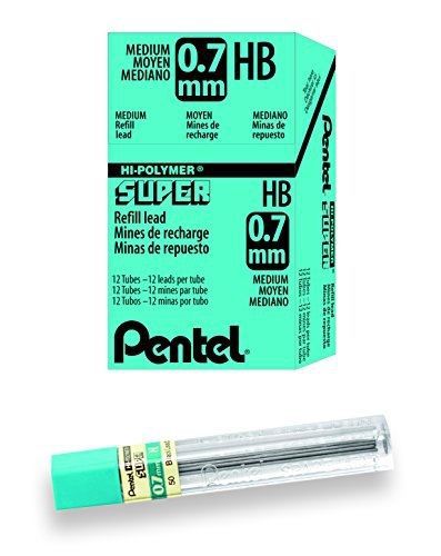 Pentel Super Hi-Polymer Leads, 0.7 mm, HB, Medium, Black, 12 Tubes of Lead