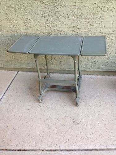 Vintage Industrial Metal Typing Table, locking wheels, folding sides