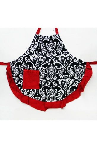Damask Printw/Red Trim Ruffle Skirt Apron Red Solid Pocket- Free Monogram