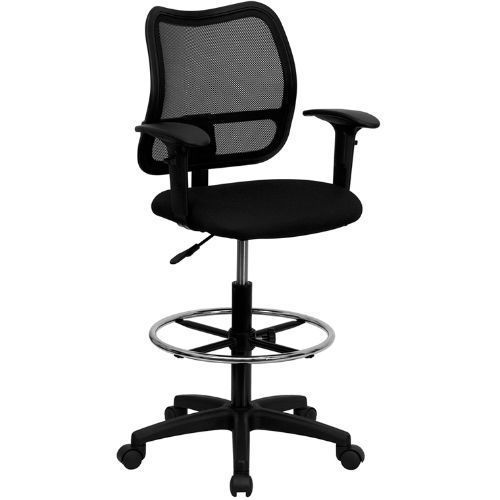 Mid-back mesh drafting chair with black fabric seat and height adjustable arms f for sale