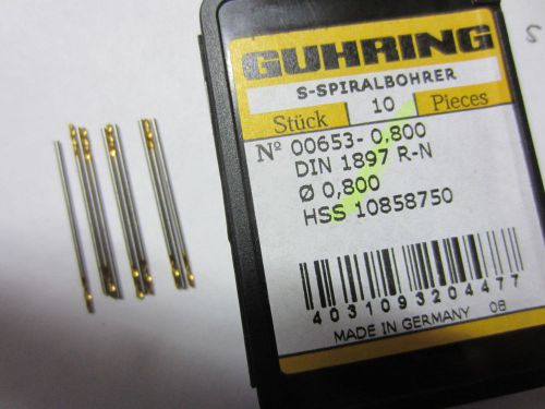 10 - GUHRING 00653-0.800mm 0.8mm HSS Stub Machine Length TiN Coated Twist Drills