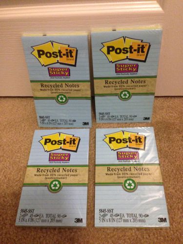 Lot of 4 Post It Note Pads Green Blue 5x8 Recycled Super Sticky Lined