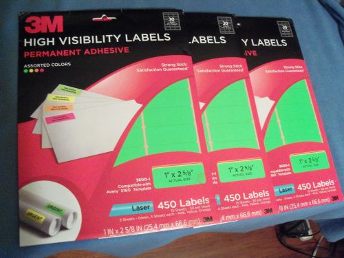 LOT OF 3, 3M HIGH VISIBILITY LABELS, 1&#034; X 2-, LASER,1350 LABELS, ASSORTED COLORS