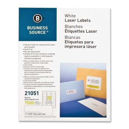 Business Source Mailing Label - 1&#034; W x 2.63&#034; L - 7500 / Pack - Laser - White