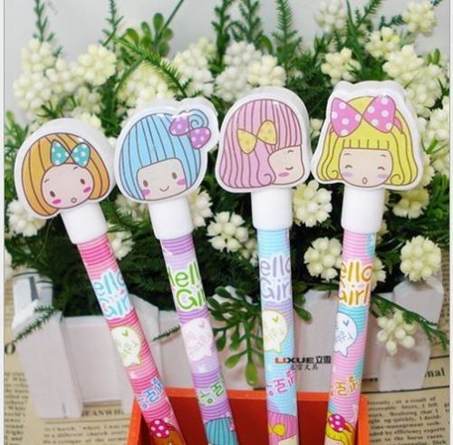 US*4pcs Cute Kawaii Fun Blue Ball Point Pens Click Pencil Korean Girl figure ink