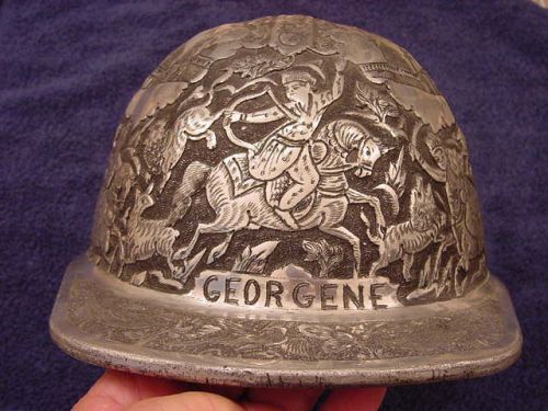 ALUMINUM HARD HAT ARTISTICALLY HAND ENGRAVED &amp; CHASED W/ HUNTING SCENES ANIMALS