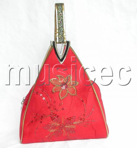 popular red triangle Embroider silk handbag bag purses T34A19