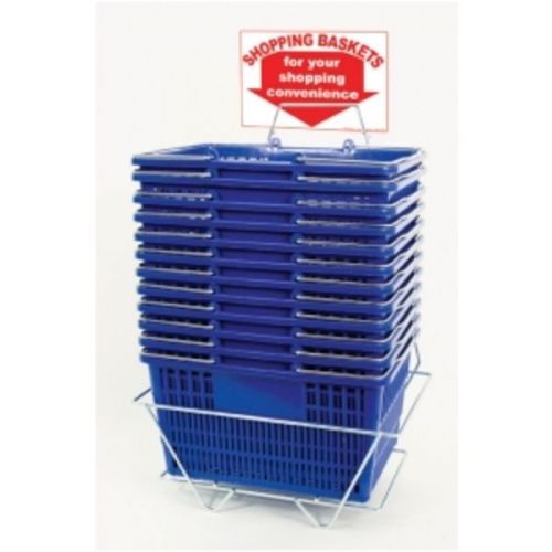 12 Standard Shopping Baskets - Chrome Handles - Metal Stand and Sign - Blue