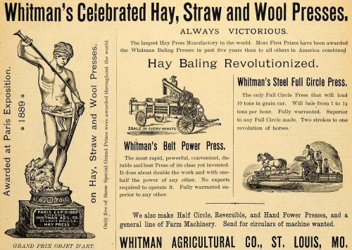 1890 ad whitman&#039;s hay straw wool belt power presses agricultural farm aag1 for sale