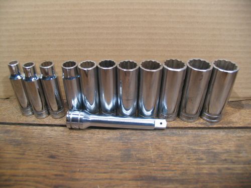 Set 11 Snap-on extra-deep Sockets 1/2&#034; drive/12 point. (3/8&#034;-1&#034;)+ 5&#034;extensions