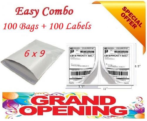 100 (6x9) mailer set -poly mailer envelope bags &amp;self adhesive shipping labels for sale