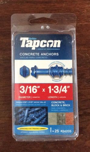 Concrete anchors tapcon 3/16&#034; x 1 3/4&#034; approved for treated lumber package of 25 for sale