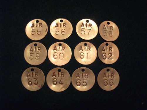 Lot of 12 Vintage Brass Number/Air Tags 1-1/2&#034; Round (55 to 66)