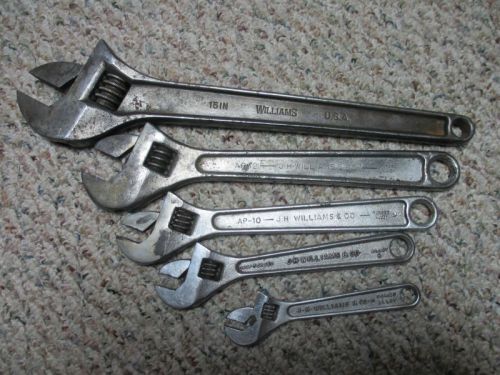WILLIAMS ADJUSTABLE WRENCHES 15&#034; - 12&#034; - 10&#034; - 8&#034; - 6&#034;,  5 pc. Vintage, Crescent
