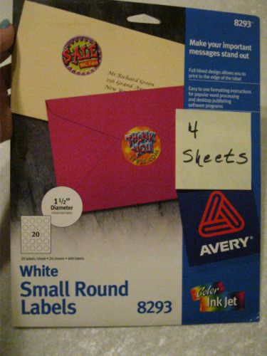 AVERY 8293 COLOR INK JET WHITE SMALL ROUND LABELS 1.5&#034; 4 SHEETS 80 TOTAL LABELS