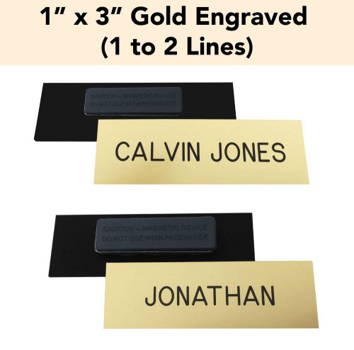 Custom engraved gold - 1&#034; x 3&#034; name badge tag w/ magnet - personalized business for sale