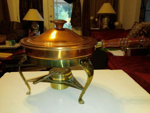 Vintage Mid-Century Brass Copper Wooden Handle Chafing Dish Sterno Serving Italy