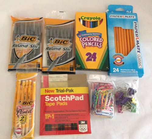 Mixed Office Supply Lot Bic Pens Pencils Paper Clips Tape Pads