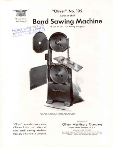 Oliver No. 192 Band Sawing Machine Brochure