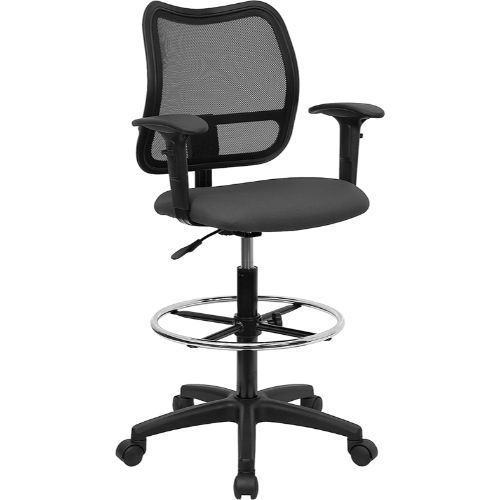 Mid-back mesh drafting chair with gray fabric seat and height adjustable arms fl for sale