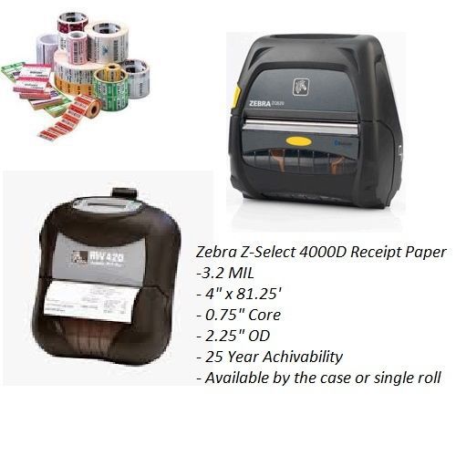 Zebra 4&#034; receipt paper z-select 4000d - ld-r4kn5b - 1 case of 36 rolls for sale