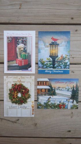 4 CHRISTMAS CARDS AND ENVELOPES - Cardinals, Wreath, Labrador Puppy, Chickadees