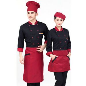 Unisex Chef&#039;s-Uniform Long Sleeve Double-Breasted Men Women Chef Coat Red