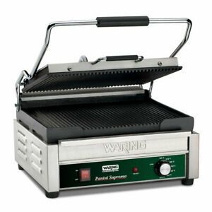 WARING WPG250 SINGLE COMMERCIAL PANINI PRESS W/CAST IRON GROOVED PLATES, 120V