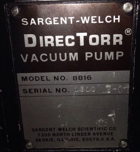 Sargent Welch 8816 DirecTorr Vacuum Pump RUNS GREAT!!! 1/2hp Welch Vacuum Pump