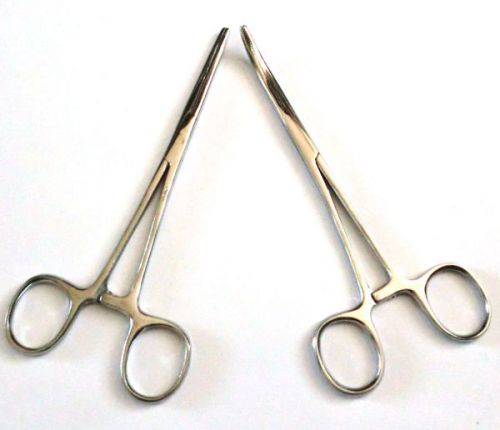New 2pc Set 5&#034; Straight + Curved Hemostat Forceps Locking Clamps  Stainless