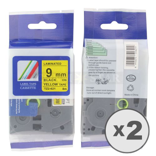 2pk black on yellow tape label for brother p-touch tz tze 621 9mm 3/8&#034; 26.2ft for sale