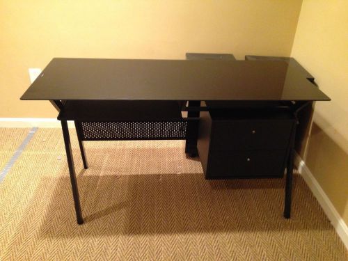 Modern Black Glass Top Desk with Keyboard Drawers and Side Drawers