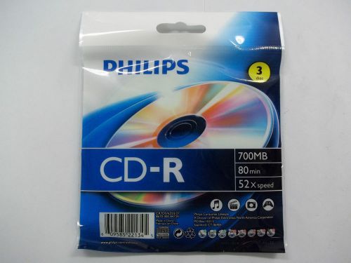 3 Pack Philips CD-R 700MB 80 Min 52x Speed New in Package Unopened Free Shipping