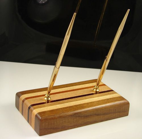 Executive Double Pen Wood Desk Set Black Walnut, Oak, Padack Mahogany
