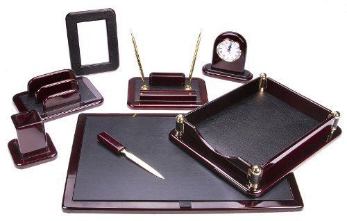 Burgan Leather Desk Set W/Paper Tray Blotter Picture Ftame Letter Holder Clock