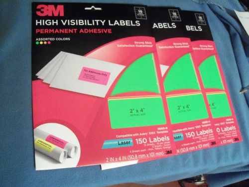 LOT OF 3, 3M HIGH VISIBILITY LABELS, 2&#034; X 4&#034;, LASER, 450 LABELS, ASSORTED COLORS