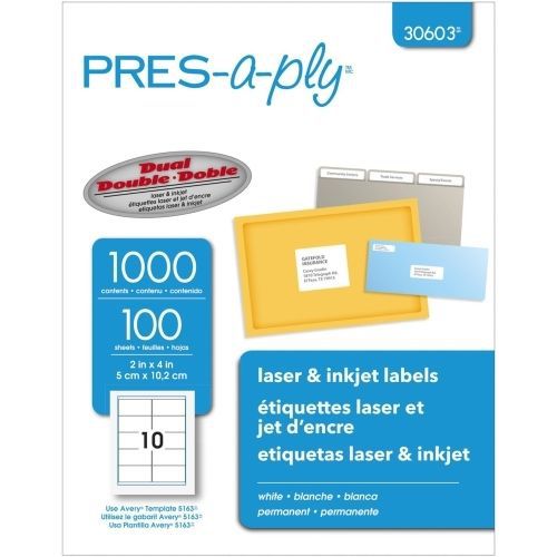 Avery Pres-A-Ply Standard Shipping Label - 2&#034;Wx4&#034;L - 1000 / Box - Laser