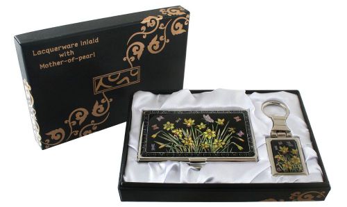 mother of pearl daffodil  business card holder key chainkey ring gift set #20