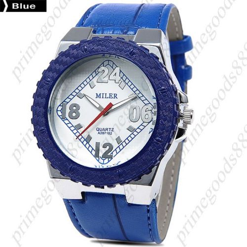 Round Case Bezel PU Leather Quartz Wrist Lady Ladies Wristwatch Women&#039;s Blue