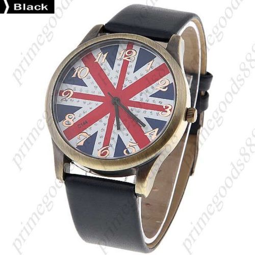 Union jack British Flag PU Leather Lady Ladies Quartz Wristwatch Women&#039;s Black