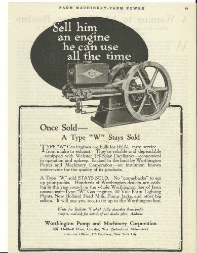 Sept.1920 Worthington Pump &amp; Machinery Corp. Cadahy,Wis. Type &#034;W&#034; Engine ad