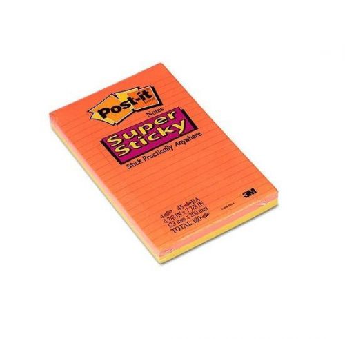 Post-It Super Sticky Notes, 5&#034; x 8&#034;,45 Sheets per Pad 4 Pack Assorted Neon Color