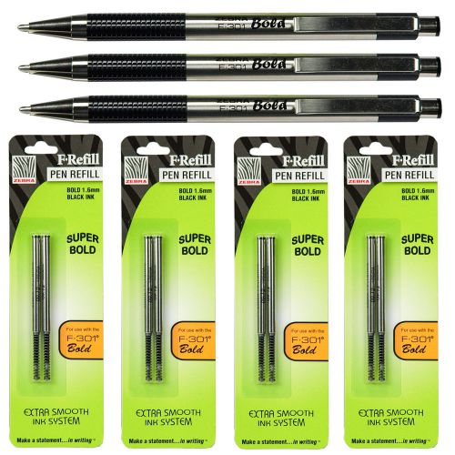 Zebra F-301 Bold 1.6mm, Black Ink, 3 Pens With 4 Packs of Refills