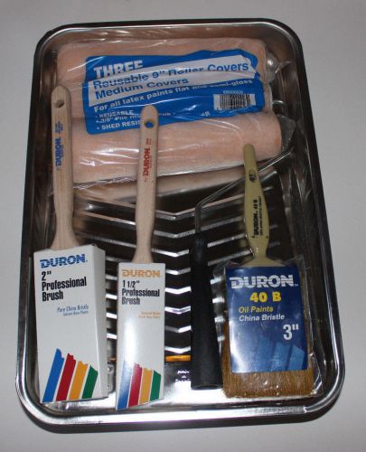 New 8 piece lot, large metal paint tray, frame roller, 3 covers, 3 duron brushes for sale