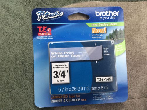 Brother TZe-145 P-Touch Label Tape PTouch 3/4&#034; White on CLEAR indoor/outdoor