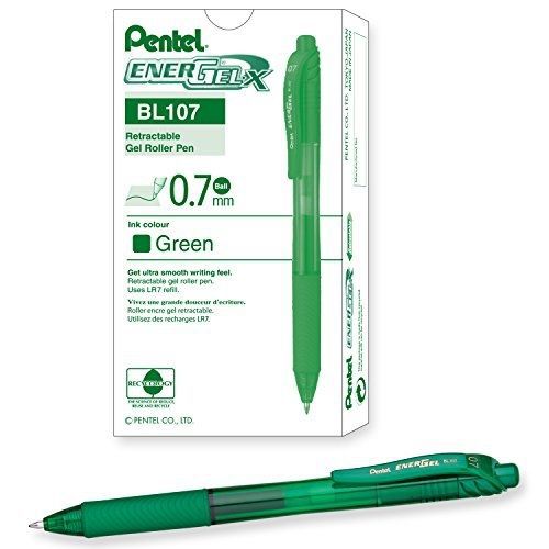 Pentel energel-x retractable liquid gel pen 0.7mm metal tip green ink, box of 12 for sale