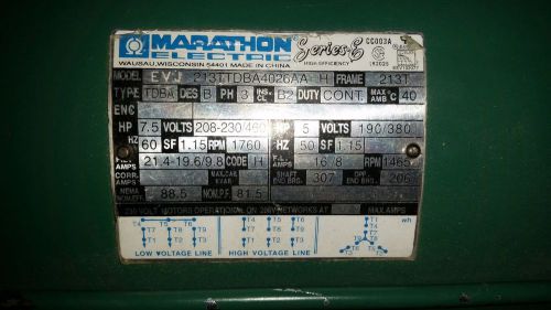 Marathon Motor Series E #213TTDBA4026AA 7.5hp 3ph 1750rpm 5hp 1465rpm L-W