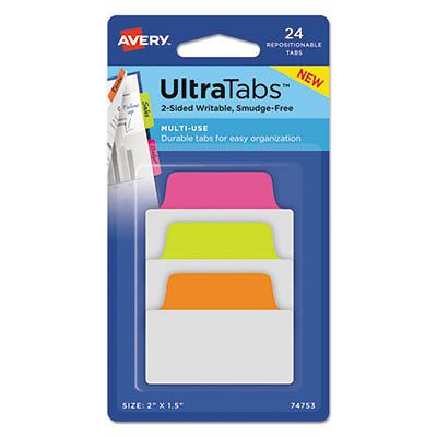 Ultra Tabs Repositionable Tabs, 2 x 1 1/2, Neon: Green, Orange, Pink, 24/Pack